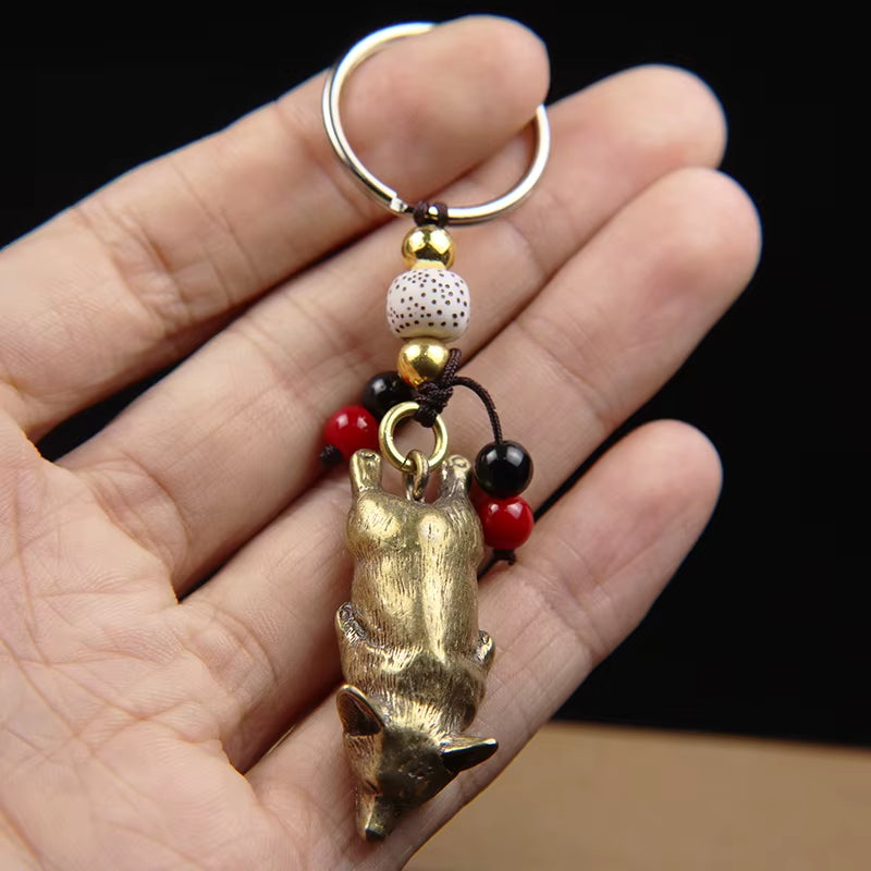 Pure Brass Cute Corgi Dog Key Chain Pendant Vintage Metal Copper Zodaic Animal Sleeping Puppy Figurines Keychain Hanging Jewelry
