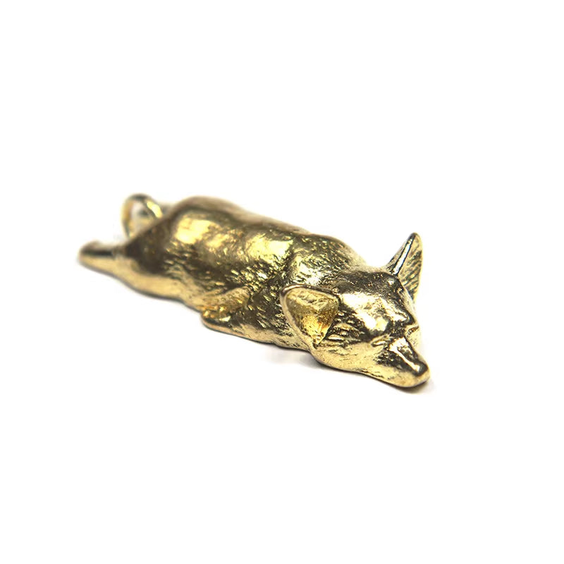 Pure Brass Cute Corgi Dog Key Chain Pendant Vintage Metal Copper Zodaic Animal Sleeping Puppy Figurines Keychain Hanging Jewelry