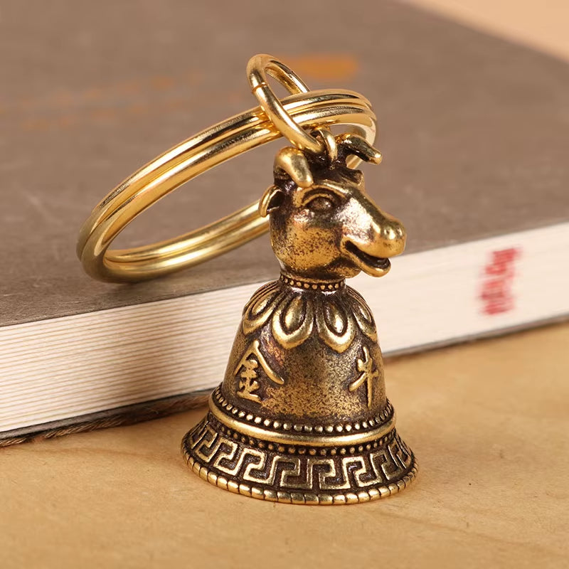 Brass Chinese 12 Zodiac Animals Heads Bell Keychain Pendants Jewelry Vintage Copper Feng Shui Car Key Chain Hanging Keyring Gift