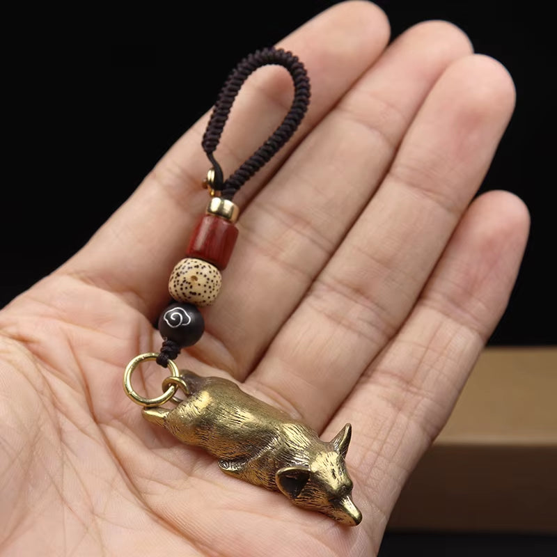 Pure Brass Cute Corgi Dog Key Chain Pendant Vintage Metal Copper Zodaic Animal Sleeping Puppy Figurines Keychain Hanging Jewelry