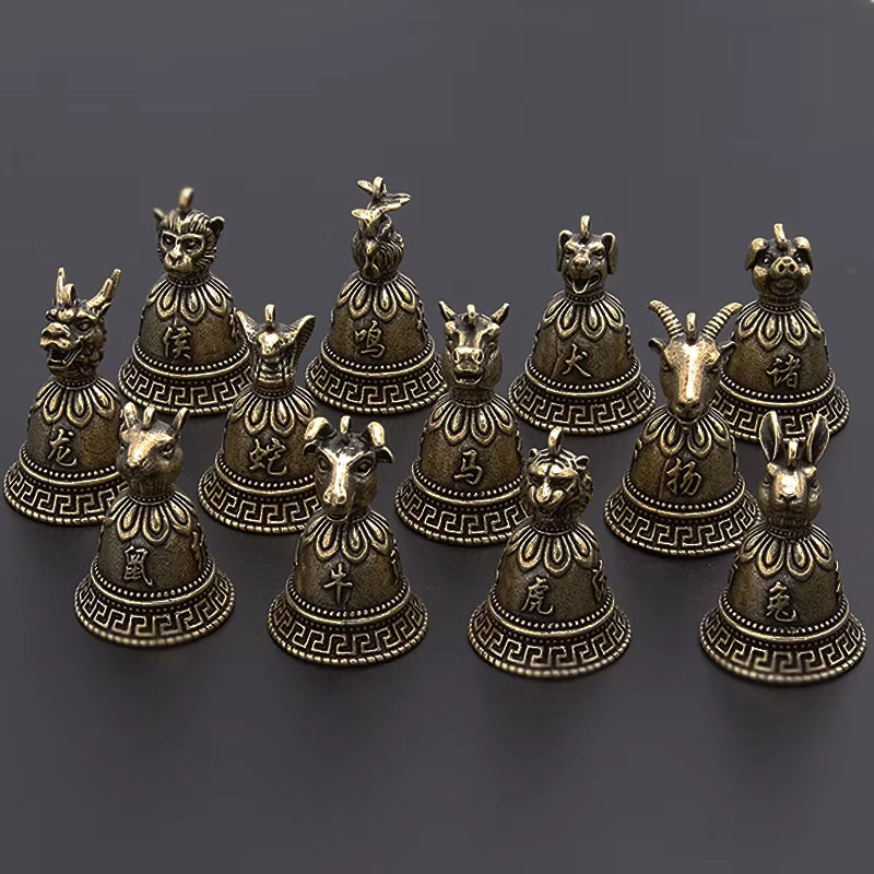 Brass Chinese 12 Zodiac Animals Heads Bell Keychain Pendants Jewelry Vintage Copper Feng Shui Car Key Chain Hanging Keyring Gift