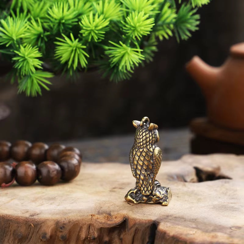 Antique Solid Brass Standing Owl Miniature Figurines Retro Copper Animal Tea Pet Desktop Ornament Decor Crafts Keychain Pendants