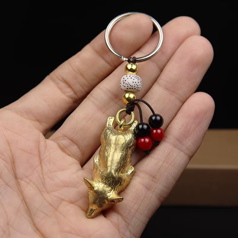 Pure Brass Cute Corgi Dog Key Chain Pendant Vintage Metal Copper Zodaic Animal Sleeping Puppy Figurines Keychain Hanging Jewelry