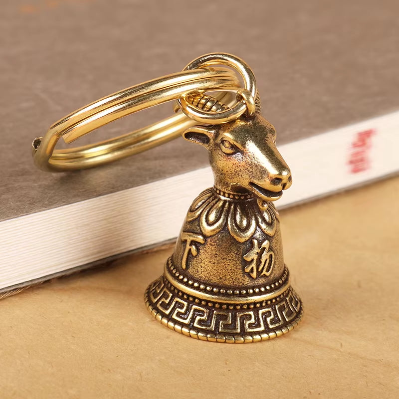 Brass Chinese 12 Zodiac Animals Heads Bell Keychain Pendants Jewelry Vintage Copper Feng Shui Car Key Chain Hanging Keyring Gift