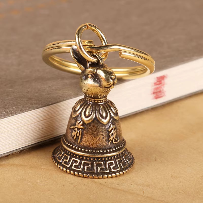Brass Chinese 12 Zodiac Animals Heads Bell Keychain Pendants Jewelry Vintage Copper Feng Shui Car Key Chain Hanging Keyring Gift
