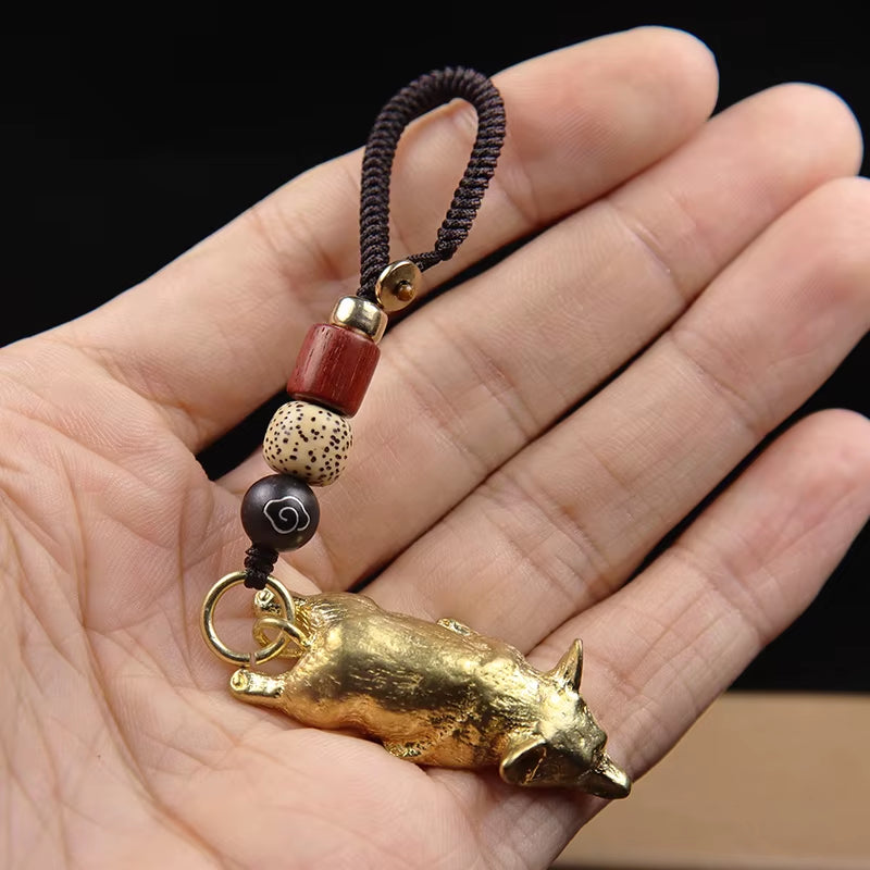 Pure Brass Cute Corgi Dog Key Chain Pendant Vintage Metal Copper Zodaic Animal Sleeping Puppy Figurines Keychain Hanging Jewelry