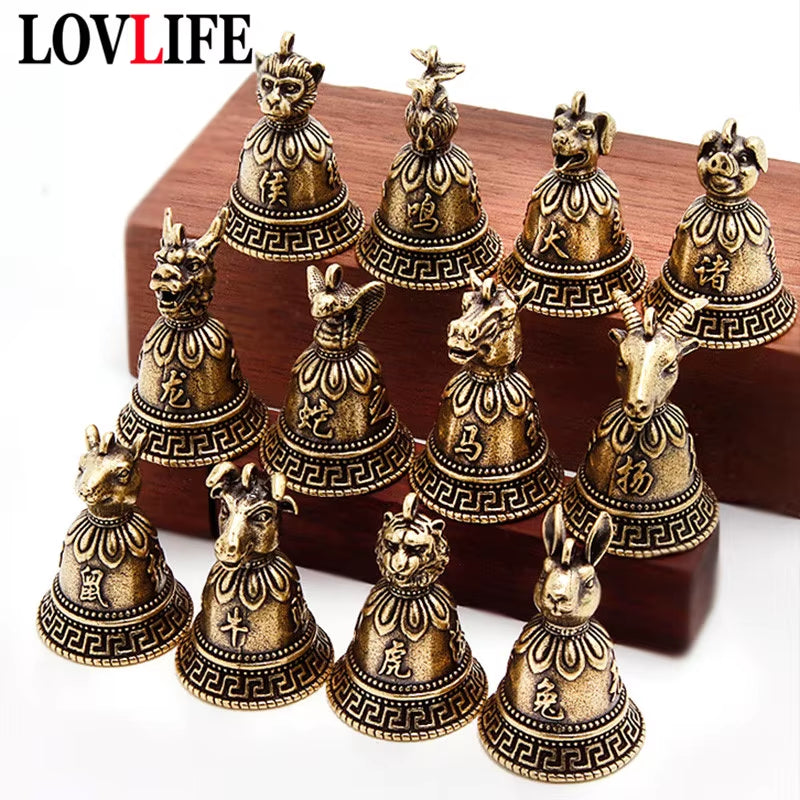 Brass Chinese 12 Zodiac Animals Heads Bell Keychain Pendants Jewelry Vintage Copper Feng Shui Car Key Chain Hanging Keyring Gift