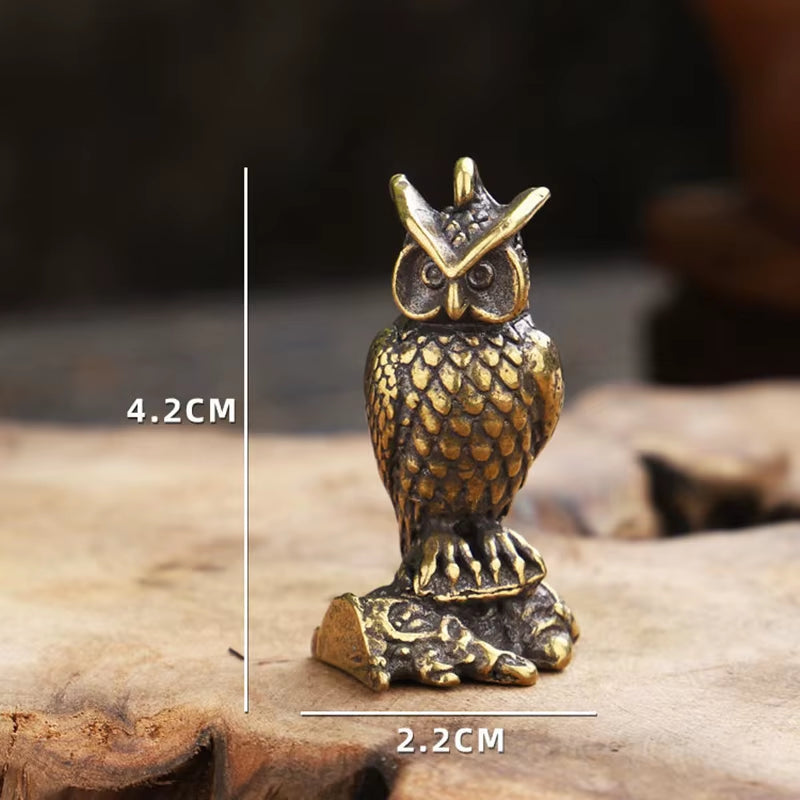 Antique Solid Brass Standing Owl Miniature Figurines Retro Copper Animal Tea Pet Desktop Ornament Decor Crafts Keychain Pendants