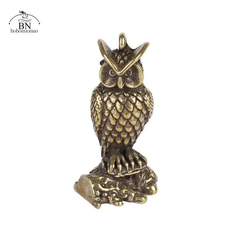 Antique Solid Brass Standing Owl Miniature Figurines Retro Copper Animal Tea Pet Desktop Ornament Decor Crafts Keychain Pendants